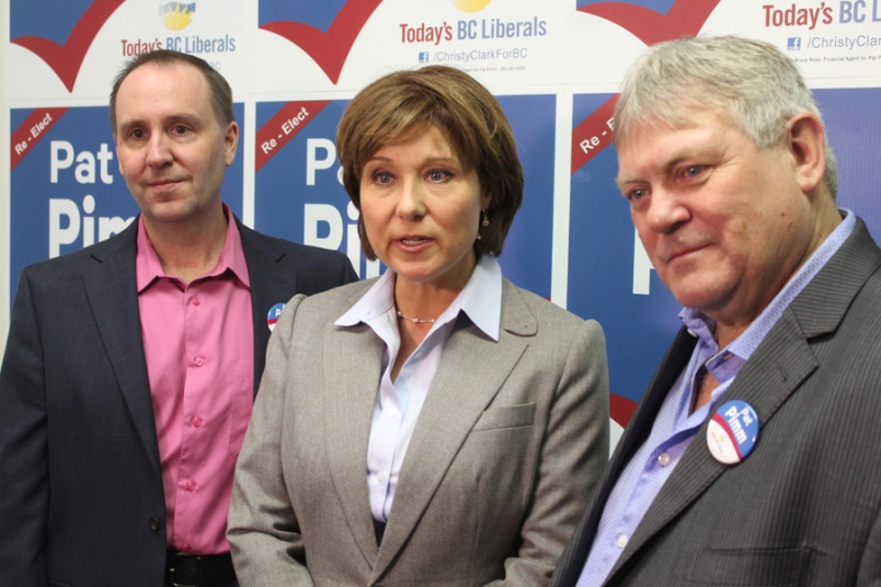 Photo by stock photo -- Mike Bernier, Christy Clark and Pat Pimm on the campaign trail. The Peace Region's two MLAs-elect have promised to put the rural bus issue at the top of their agendas once the government is formed.